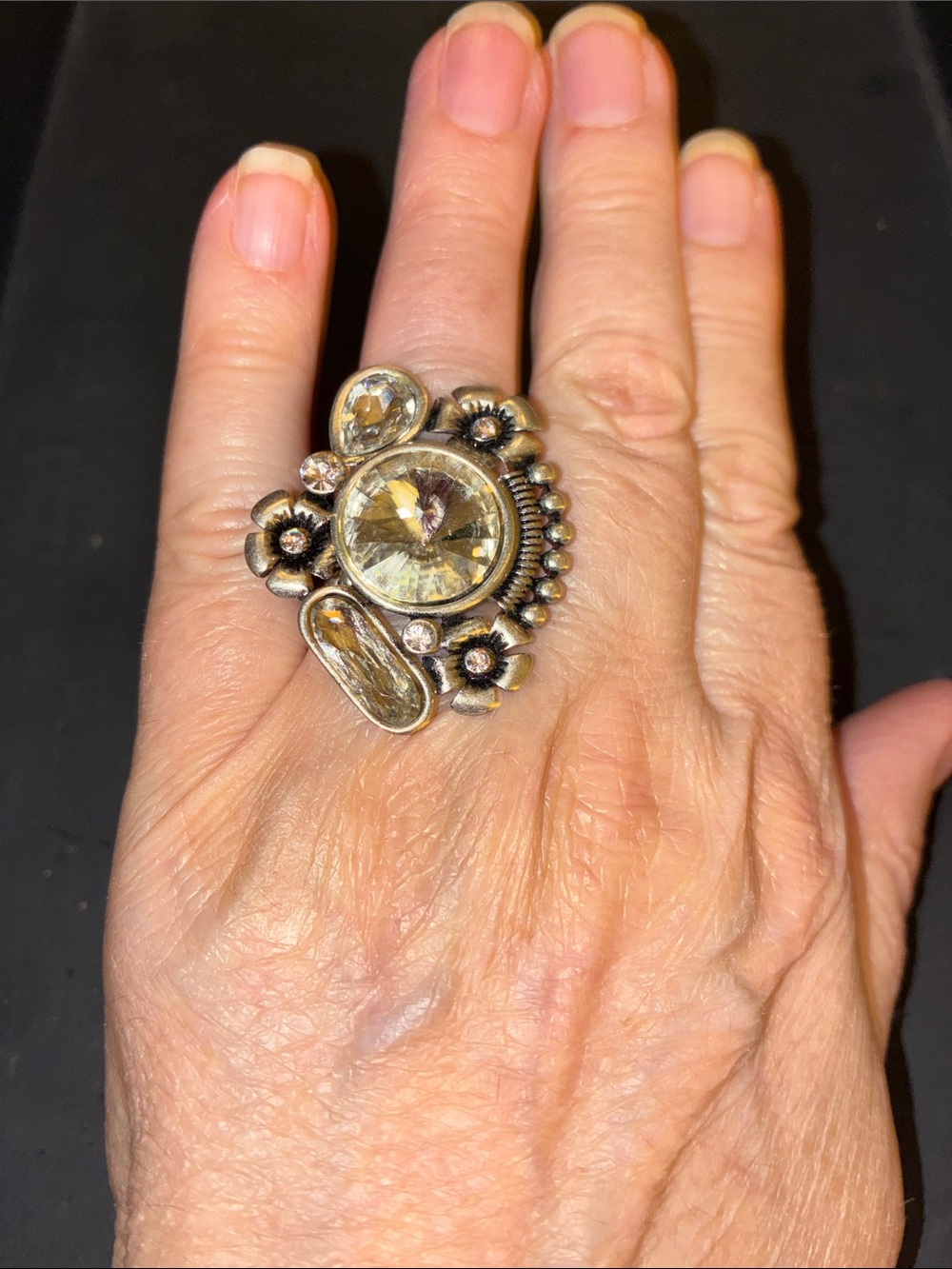 Antique-Style Yellow Crystal Floral Statement Stretch Ring